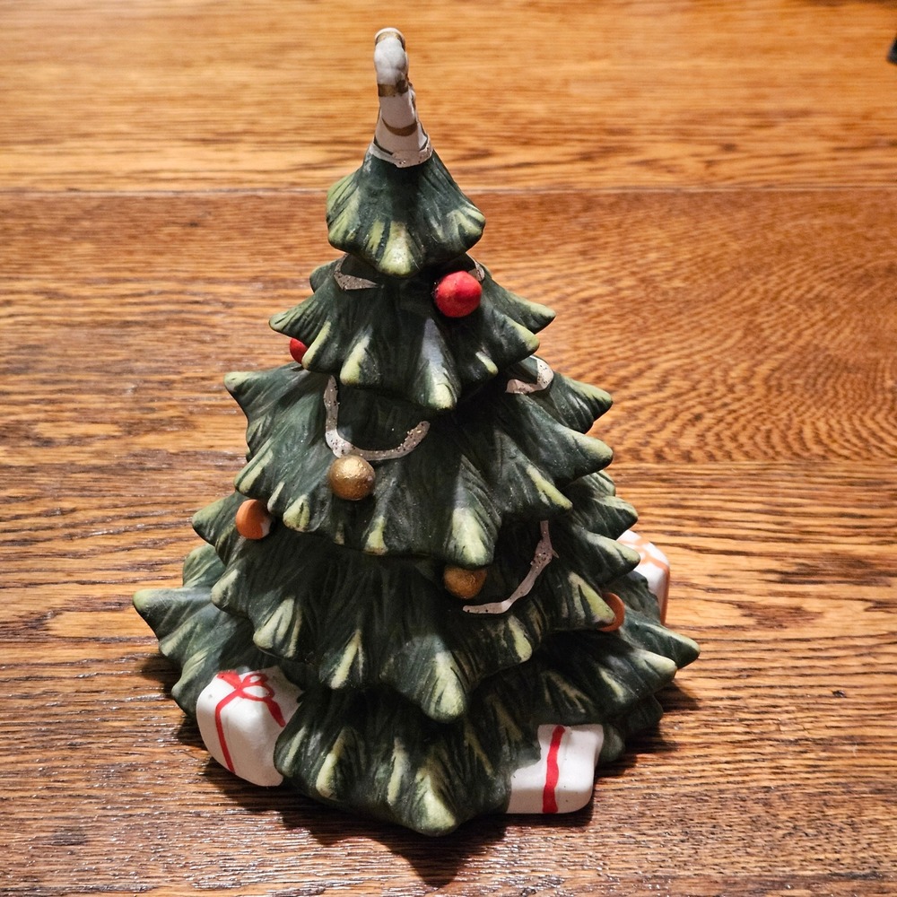 Vintage 1982 Mann Ceramic Musical Christmas Tree Wind Up Green 6in Works - Picture 2 of 5